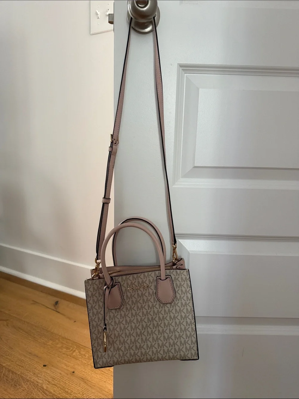 Michael Kors Beige and Pink MK Signature Satchel with Shoulder Strap